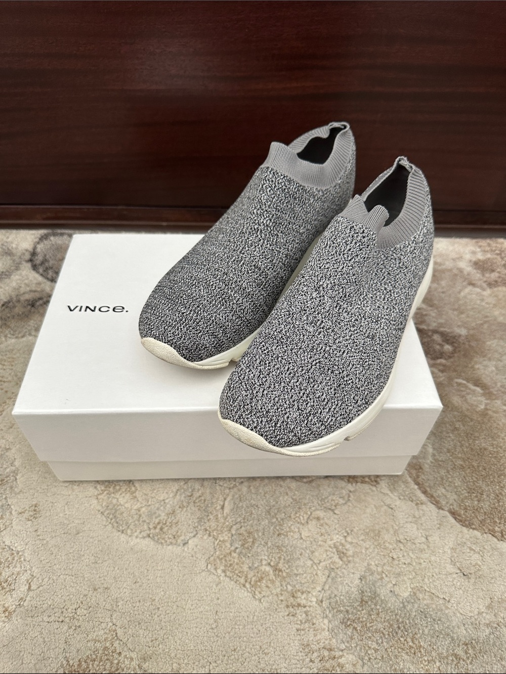 Vince Grey Knit Slip-On Sneakers with Cream Soles
